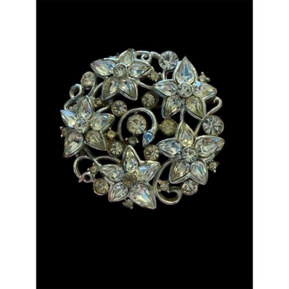 Vtg 2” Clear Rhinestone Round Floral Sparkling Brooch MCM 1950’s